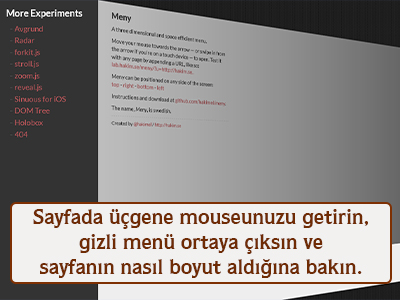 Sayfada üçgene mouseunuzu getirin gizli menü ortaya çıksın ve sayfanın nasıl boyut aldığına bakın