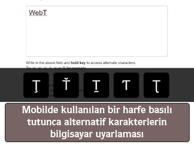 Mobilde kullanılan bir harfe basılı tutunca alternatif karakterlerin bilgisayar uyarlaması