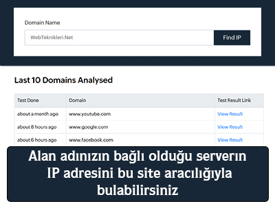 Alan adınızın bağlı olduğu serverın ip adresini bu site aracılığıyla bulabilirsiniz